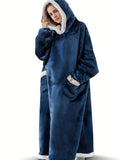 Cozy Plus-Size Hooded Fleece Robe - Winter Casual Comfort with Pockets & Stretch Fabric, Machine Washable