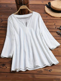 Plus Size Chic Solid Blouse with Flattering V-Neck - Effortless 3/4 Sleeve Casual Style for Spring - Curvy Womens Fashion