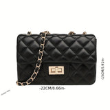 Elegant Turn-Lock Quilted Crossbody Bag - Classic Solid Color Fashion PU Handbag with Luxe Chain Strap