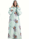 Plus Size Cute Nightgown, Women's Plus Puppy Print Long Sleeve Cozy Flannel Hooded Wearable Blanket With Pockets