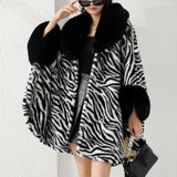 Luxurious Faux Fur Trimmed Cape Shawl Cardigan - Soft, Warm, Windproof, and Loose Fitting for Autumn and Winter - Elegant Black and White Leopard Print with Bat Sleeve Design