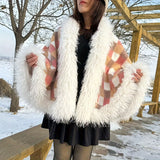 Luxurious Faux Fur Collar Shawl Cape - Fashion-Forward Checkerboard Pattern - Oversized & Warm for Autumn Winter