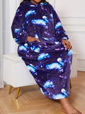 Women's Plus Casual Nightgown, Plus Size Starry Sky Print Warm Flannel Hooded Wearable Blanket For Fall & Winter