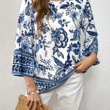 Chic Plus Size Floral Long Sleeve Top - Comfort Stretch, Versatile for Casual & Work Wear