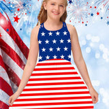 Five-Pointed Star Striped Puff Sleeves Loose Fit Girls Elegant Casual Dress - American Independence Day Inspired - Soft Fabric, Relaxed Style, and Vibrant Colors for a Chic Look