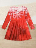 Women's Long Waist Red Snowflake Casual Christmas Dress with Big Hem Skirt