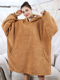 Solid Plush Hooded Robe, Warm & Comfy Wearable Blanket Robe With Pockets, Women's Sleepwear