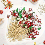 100pcs Wooden Festive Christmas Cocktail Picks - Sticks With Snowflakes, Snowmen, Reindeer & Trees For Holiday Drinks, Appetizers & Party Decorations