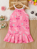 Girl's Dress Sweet Flamingo Print Ruffle Hem Halter Sleeveless Dresses, Summer Gift