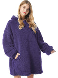 Solid Plush Hooded Robe, Warm & Comfy Wearable Blanket Robe With Pockets, Women's Sleepwear