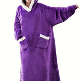 Cozy Plus-Size Hooded Fleece Robe - Winter Casual Comfort with Pockets & Stretch Fabric, Machine Washable