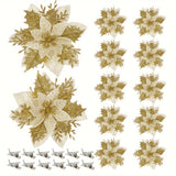 12PCS Sparkling Glitter Poinsettia Christmas Decorations - Premium Artificial Flowers with Clip-On Stems for Xmas, New Year, Wedding, Party, Wreath & DIY Garland - Dazzling Festive Accent