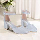 2.25 Inches Closed Toe Heels For Women - Silver Round Toe Chunky Wedding Block Women Pumps Shoes