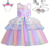 Girls' Enchanting Unicorn 5-piece Dress & Jewelry Set - Durable, Non-Sheer for Parties and Performances