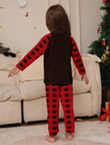 Youngsters' Cozy Christmas Pajama Set - Flame-Resistant, Cartoon Reindeer & Plaid Print, Long Sleeve Top and Pants for Boys & Girls