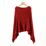 Knit Hollow Out Pullover Poncho Solid Color Tassel Double-layer Outside Wrap Shawl Stylish Bat Sleeve Loose Coat Shawl