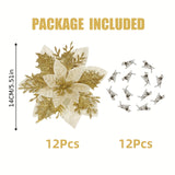 12PCS Sparkling Glitter Poinsettia Christmas Decorations - Premium Artificial Flowers with Clip-On Stems for Xmas, New Year, Wedding, Party, Wreath & DIY Garland - Dazzling Festive Accent