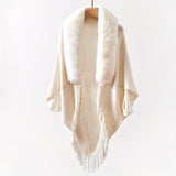 Luxurious Faux Fur Trimmed Monochrome Cardigan - Soft, Loose Fit, Elastic Hollow Tassel Shawl with Bat Sleeves, Warm and Cozy for Autumn Winter Outings - Long Cloak Shawl for Women