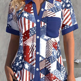 Plus Size Elegant Lapel Collar Flag Print Shirting Blouse - Button Front, Slight Stretch, Random Printing, Woven Polyester Fabric - Perfect for Spring and Summer Casual Wear