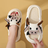 Women's Cartoon Cow Slippers Cute Animal Slide Slippers Cotton Linen Non-slip Outdoor Indoor House Slippers