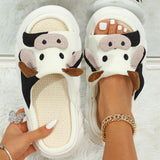 Women's Cartoon Cow Slippers Cute Animal Slide Slippers Cotton Linen Non-slip Outdoor Indoor House Slippers