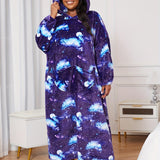 Women's Plus Casual Nightgown, Plus Size Starry Sky Print Warm Flannel Hooded Wearable Blanket For Fall & Winter