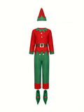 5pcs Boy's Christmas Elf Costume Set - Color Blocking Top, Pants, Hat, Belt, Shoes for Birthday, Halloween, Carnival Party, Playing, Performance