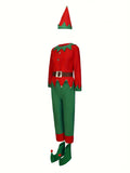 5pcs Boy's Christmas Elf Costume Set - Color Blocking Top, Pants, Hat, Belt, Shoes for Birthday, Halloween, Carnival Party, Playing, Performance