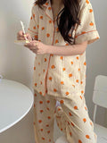 LANFUBEISI Cotton Home Suits Korean Sleepwear Orange Print Pajamas for Women Summer Pyjamas Girls Pijama Short and Long Sleeve Pjs