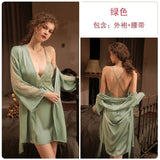 LANFUBEISI 3 Piece Lingerie Set with Robe Satin Pajamas Dress Cardigan Long Sleeve Top Sexy Sleepwear Bath Female Adult Nightwear Nightgown