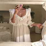 LANFUBEISI  New Women's Lolita Dress White Lace Square Neck Princess Sleepshirts Vintage Ladies Nightgowns Nightdress Cute Lounge Sleepwear