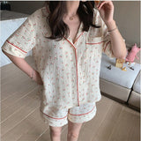 LANFUBEISI Cotton Suits with Shorts Girl Korean Women's Pajamas Kawaii Pyjama Cherry Print Pijama Short Sleeve Sleepwear Nightie Pjs