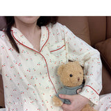 LANFUBEISI Cotton Suits with Shorts Girl Korean Women's Pajamas Kawaii Pyjama Cherry Print Pijama Short Sleeve Sleepwear Nightie Pjs