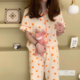 LANFUBEISI Cotton Home Suits Korean Sleepwear Orange Print Pajamas for Women Summer Pyjamas Girls Pijama Short and Long Sleeve Pjs