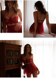 LANFUBEISI Women Sexy Sleepwear Backless Wear Night Gowns With Thong Sets V-Neck Lace Ladies Nightwear Red Black White