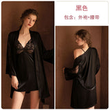 LANFUBEISI 3 Piece Lingerie Set with Robe Satin Pajamas Dress Cardigan Long Sleeve Top Sexy Sleepwear Bath Female Adult Nightwear Nightgown