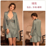 LANFUBEISI 3 Piece Lingerie Set with Robe Satin Pajamas Dress Cardigan Long Sleeve Top Sexy Sleepwear Bath Female Adult Nightwear Nightgown