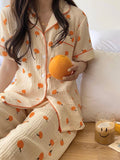 LANFUBEISI Cotton Home Suits Korean Sleepwear Orange Print Pajamas for Women Summer Pyjamas Girls Pijama Short and Long Sleeve Pjs