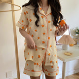 LANFUBEISI Cotton Home Suits Korean Sleepwear Orange Print Pajamas for Women Summer Pyjamas Girls Pijama Short and Long Sleeve Pjs