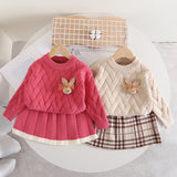 Girls sweater skirt autumn and winter new solid color rabbit head knitted two-piece set, baby girl reverse collar long sleeve foreign style