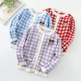 24 autumn and winter new Korean version of children's clothing jacket red plaid small fragrant wind girls sweater bear embroidered children's cardigan