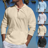 LUTAOTIE 355# Men's Spring/Summer plus Size Casual Tropical Cotton and Linen Lace-up Pocket Solid Color Hooded Long-Sleeved T-shirt Shirt