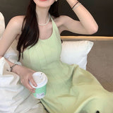 Sexy Retro Solid Color Sling Dress Female Summer Hot Girl U Collar Swing Long Dress Sleeveless Waist Slimming A- line Skirt