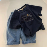 LUTAOTIE Korean Style Summer Suit Boys' Short-Sleeved Children's Cool Handsome Casual Dark Blue T-shirt Baby Denim Shorts Two-Piece Set