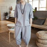 LUTAOTIE Summer  Men's Linen Suit Chinese Style plus Size Loose Cropped Pants Casual Tang Suit Cotton and Linen Two-Piece Suit Men