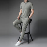 LUTAOTIE Ice Running Sportswear Suit Men's Summer Thin Ice Silk Lapel T-shirt Men Leisure Set Suit Wholesale