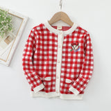 24 autumn and winter new Korean version of children's clothing jacket red plaid small fragrant wind girls sweater bear embroidered children's cardigan