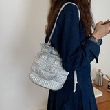 LUTAOTIE  South Korea Ins Special-Interest Design Gentle Soft Leather Pleated Drawstring Bucket Bag Shoulder Stylish Good Texture Silver Underarm Bag