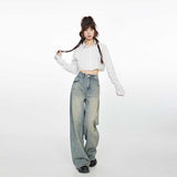 LUTAOTIE  Yupi Player Niche Distressed Cement Yellow Retro Loose Wide-Leg Jeans Women's Trousers Lengthened