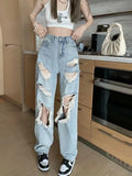 WS Fashion Big Ripped Straight Jeans Women's Summer New Slimming High Waist Exposed Knee Street Beggar Wide Leg Long